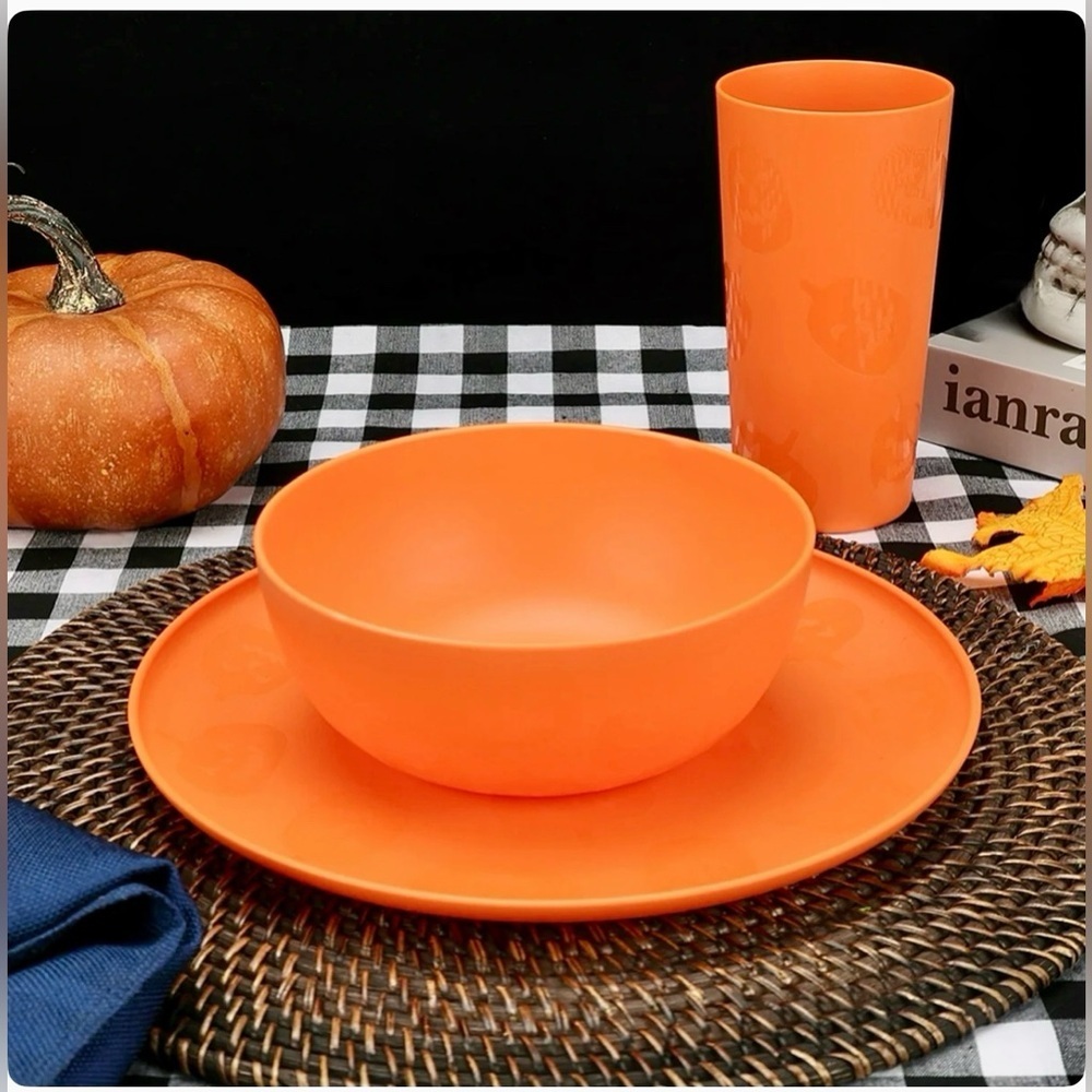 💐🎃Jack-O-Lantern Etched 3 Piece Dinnerware Set- 1x Dinner Plate Bowl Cup🎃🎃 - Picture 2 of 16
